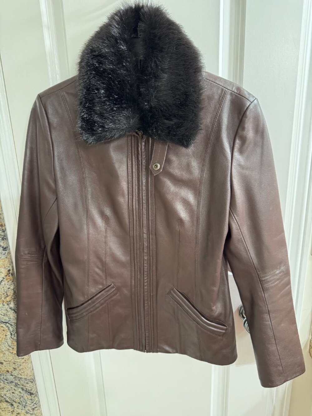 Vintage Tibor Chocolate Brown Leather Jacket with Fur-trimmed colar, size S